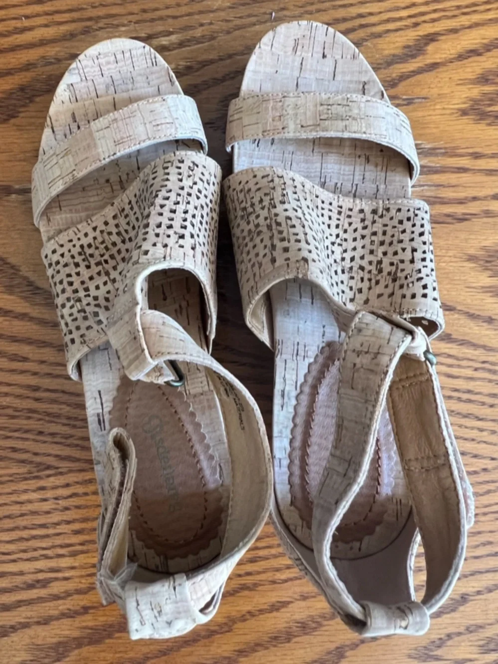 BareTraps tan Cork-Textured Perforated Ankle Strap wedges